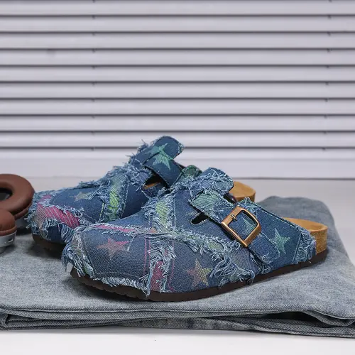 Unisex All-Season Soft Cork Slippers, Fashionable Patchwork Star Design, Casual Style, Comfortable Daily Wear