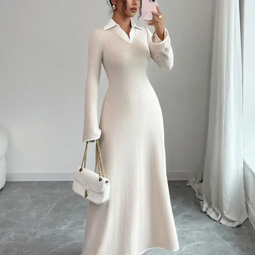 Fashion Elegant Shirt Collar Waist Cinched Long Sleeve Bodycon Knitted Dress, Fitted Plain Design for Fall & Winter, Women's Stylish Clothing, Minimalist Aesthetic, Basic Waisted Sweater Dress
