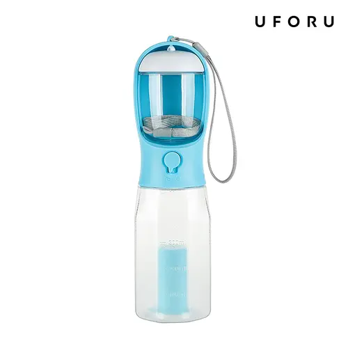 UFORU 3-in-1 Combo Portable Dog Water Bottle, ABS+PC Plastic 20oz Hydration + Feed Travel Bowl with Food Treat Container, Bag Holder Ready & Lanyard Carry Summer Outdoor Walking Hiking Accessory for Large Dogs - Blue