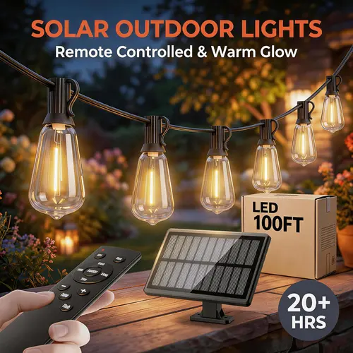 Outdoor String Lights LED Garden Lights - Solar 100ft/30m ST38 Dimmable Warm Color Shatterproof LED Bulbs, Waterproof Hanging Electric Lights, with Remote Control, Can be Connected for Backyard, Party, Festival Decorations