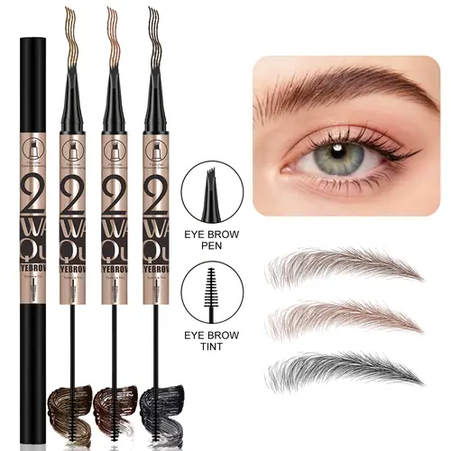 Dual-Ended Eyebrow Cosmetic Pen & Brow Gel Tint, 4-Prong Microblade Tip for Natural Eyebrows Hair Strokes, Waterproof, Long-Lasting, Easy-to-Use for Beginners, All Skin Tones, 3 Colors Available Make Up Product