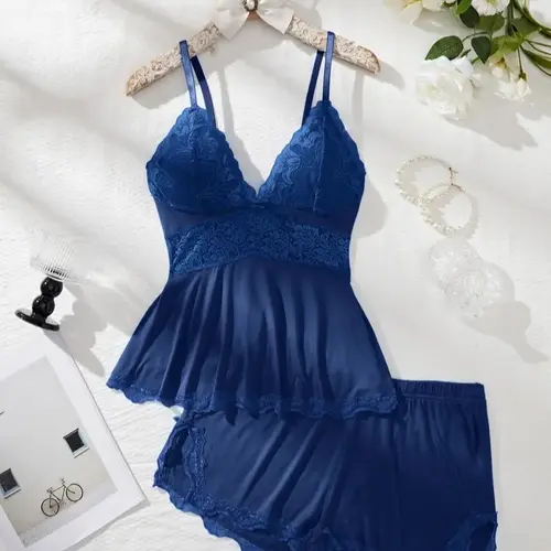 AgeRose Women's 2-Piece Elegant Cami Top & Lace Trim Shorts Loungewear Set - Solid/Leopard Print, Spaghetti Strap, V Neck, Cute Sets for Women, Casual Comfy All-Season Sleepwear