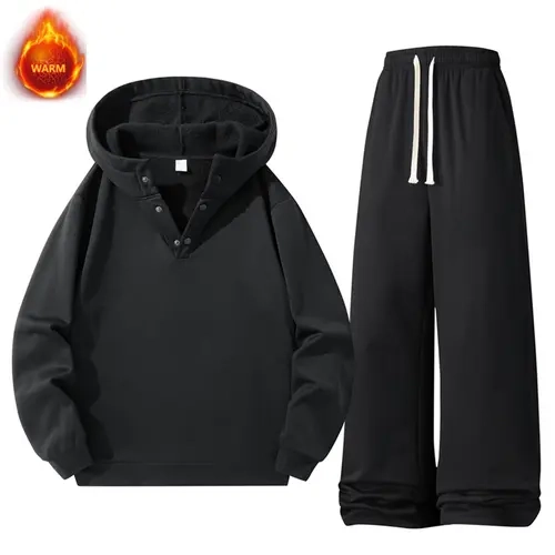 Men's 2-Piece Fleece Lined Hooded Sweatshirt & Wide Leg Pants Athletic Tracksuit Set - Unisex Plain Casual Activewear, Keep Warm Active Men's Sportswear Set, Hooded Jacket for Sports