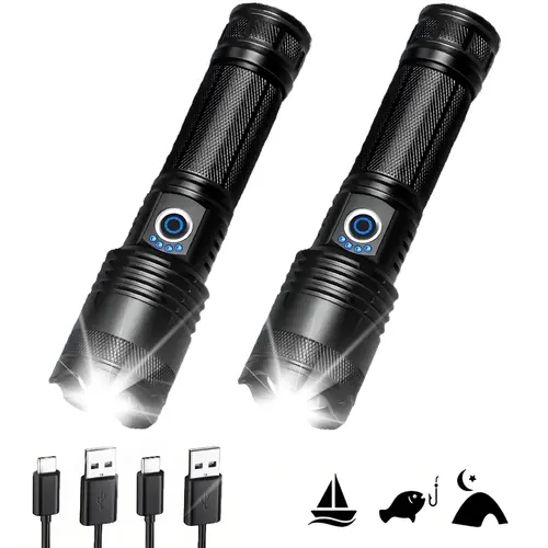 2PCS Rechargeable Strong Flashlight, 9000 Lumens High Brightness XHP50.2 LED 2 Pack, 5 Modes for Various Lighting Needs, Water-Resistant USB Handheld Flashlights