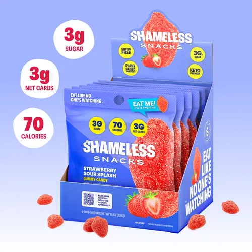 Shameless Snacks Strawberry Sour Splash Keto Gummies Set - Sour Flavored Candy, Gummy Sweets, Soft Fruity Candy, Low Carb, Sugar-Free, Low Calorie, Vegan Treats for Adults