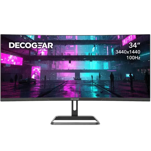 Deco Gear DGLUX340 Curved Computer Monitor - 34-in QHD 3440x1440 VA Panel, 100Hz, 1ms, 99% sRGB, HDR, Low Blue Light Filter, 2x DP/2x HDMI Ports, Adjustable Stand, Manual Mount, Machine Black, PC/Gaming/Video Editing Use