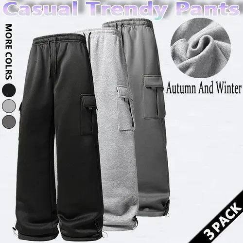 SpringSta Menswear Plain Baggy Pants - Men's Adjustable Drawstring Waist Straight Trouser, Casual Pocket Design, Comfortable for Daily Wear, Autumn/Winter Use, Commuting Option, Thick & Thin Versions Available