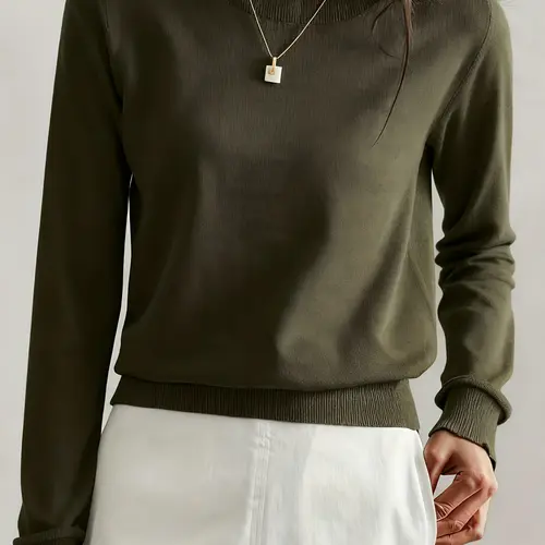 Elegant Long Sleeve Round Neck Design Sweater, Stylish Ribbed Cuff Detail Comfortable Fit Knitwear, Versatile Office & Casual Wear