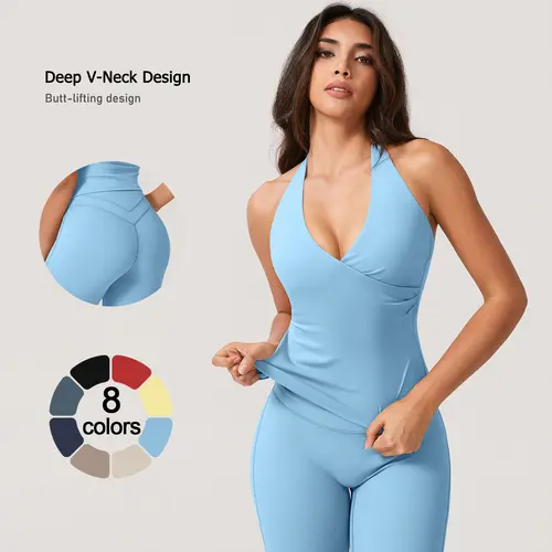 TimeOFF Women's 2-Piece Activewear Set - Deep V-Neck, Open-Back, Stretchy Fabric for Flattering Fit - Comfort for Yoga Workouts & Casual Outings - Athletic Fashion, Fitness Clothes, Activewear Finds