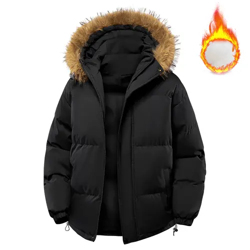 All-Black Men's Woven Hooded Jacket - Winter Thick Warm Slim Fit Long-Sleeve Casual Coat, Detachable Faux Fur Collar, Couples Style, Zipper, Drawstring, Layering Outerwear Essential, M Size, Fitted Fleece Lining, New Year Wear