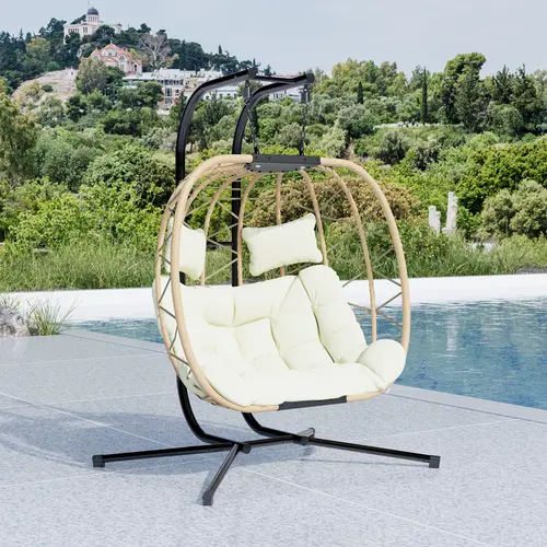Summergarden Double Hanging Egg Swinging Chair - Modern Rattan Weave Outdoor Porch Swing, Foldable, 600LBS Reinforced Metal Rustproof Frame, Thick Cushion for Indoor Outdoor Lounge Seating, Patio Swing Set