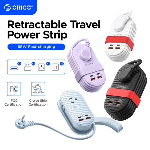 ORICO Upgraded 7-in-1 Travel Power Strip with Universal Socket, 2 Outlets, 4 USB Ports (2 Type-C+2 USB-A), 65W Fast Charging, Compact for Cruise, Phones, Laptops, Tablets