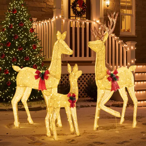 3-Piece Large Lighted Christmas Deer Family Set - 5.3Ft with 360 Bright LED Warm Lights Standing Reindeer, Lawn Decor, Indoor Outdoor Front Yard Holiday Decoration, Stakes, Zip Ties, Gold, Polyester, 3-Pieces