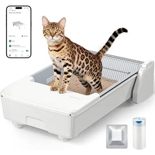 Meowant SC03 Smart Automatic Self-Cleaning Litter Box - X-Large White, 3-Motor System, Dual Rake, Anti-Pinch Tech, Wi-Fi Control, Clumping Litter Odor Control, Home Style for Multiple Cats, Smart Litter Box, Automatic Litter Box,back to school