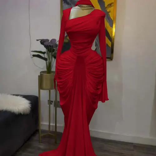 PULKRITU Women's Asymmetrical Neckline Flared Long Sleeve Ruffled Stacked Dress, Formal Gowns, Autumn Birthday Party Evening Gown with Scarf Bodycon Midi Ruched Side Maxi Dress, Fashion Streetwear Clothing, Floor Length Dress, Womenswear