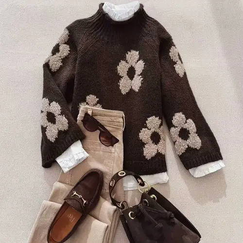 Elegant Micro High Neck Knitted Sweater Pullover, Knitwear, Floral Embroidery Pattern, Earth Tone, Loose Fit, Casual Style, Fall & Winter Women's Clothing