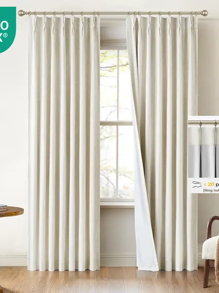 Back To School INOVADAY Pinch Pleated Curtains, 2 Panels Full Blackout Curtains, Linen Pleated Blackout Drapes For Bedroom, Thermal Black Out Pinch Pleat Drapes with Hooks