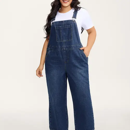 BLOOMCHIC Women's Plus Size Basics Plain Washed Look Cotton Blend Denim Overall Jumpsuit [M-6X] - Sleeveless Loose-Fitting Curvy Clothing with Pockets, Adjustable Straps, Casual Summer Everyday Outfit, Fabric, Cold Wash, Strappy, Do Not Tumble Dry, Slante