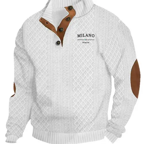 Men's Outdoor Letter jacquard Casual Pullover Tops, Letter Printed Pullover, Quarter Button, Long Sleeve Stand Collar Fitted Pullover, Daily Wear, Polyester Fiber Knitwear, Streetwear Pullover, Spring and Autumn Seasons