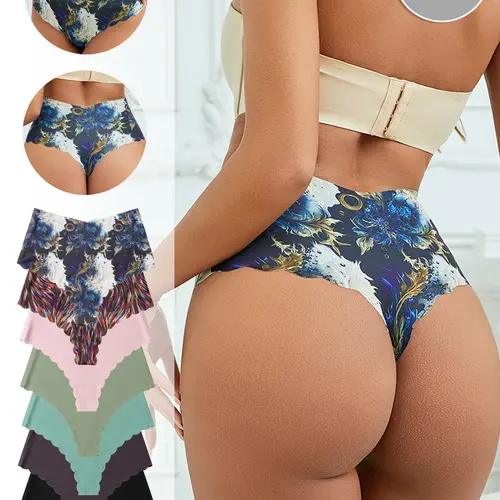 Women's High-Waisted Scallop Design Feminine Underwear Set, Intimates Panties, Fitted Plain Pattern All-Season Soft Comfortable Briefs, 7-Pack Seamless Ice Silk Wave Edge