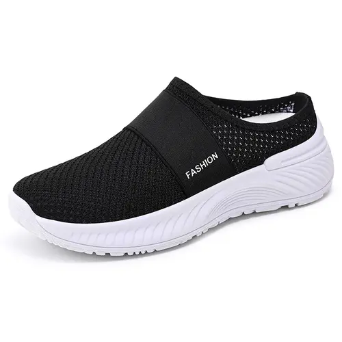 OFIREND Women's Round Toe Ankle Slip-On Streetwear Mules - Breathable Mesh Knit Fabric, PVC Flat Casual Daily Routine Walking Shoes, Branded Strap