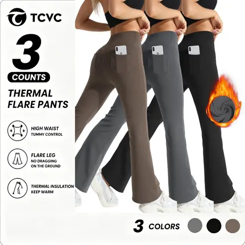 TCVC Women’s Fleece Lined Flare Leggings with Pockets, High Waisted Thermal Bell Bottom Yoga Pants, 1/2/3 Pack, Soft Stretch Winter Workout & Everyday Wear