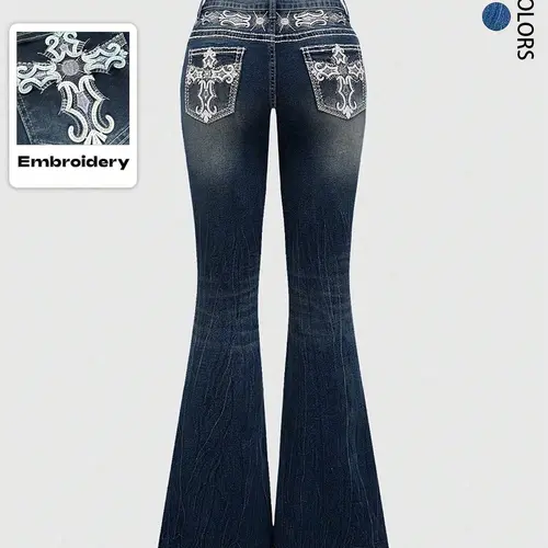 Grunge Punk Y2K Retro Streetwear Pants Pocket Cross Wings Embroidered Flare Leg Fitted Stretch Denim Jeans for Women