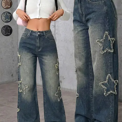 Women's All-Season Distressed Y2K Baggy Loose Denim Jeans, Vintage Wash Star Pattern, Streetwear Grunge Style