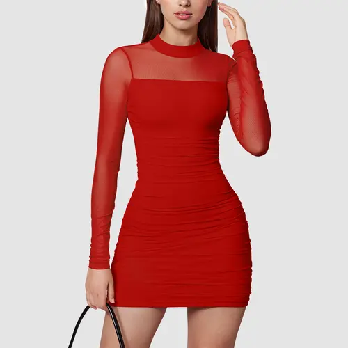 OQQfitness Women's Mesh Sheer Long-Sleeve Mini Bodycon Dress - Soft Pleated, Shirred, S-Type Fabric Dress for Party, Evening Outfits