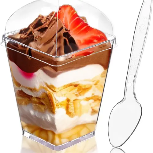 5oz Leak-Proof Disposable Plastic Cups with Lid Spoon (40 Pack) - Disposable Dinnerware, Yogurt Cups for Parties, Lids Keep Desserts Tidy, Ideal for Fruit Pudding Trifle Ice Cream Enthusiasts