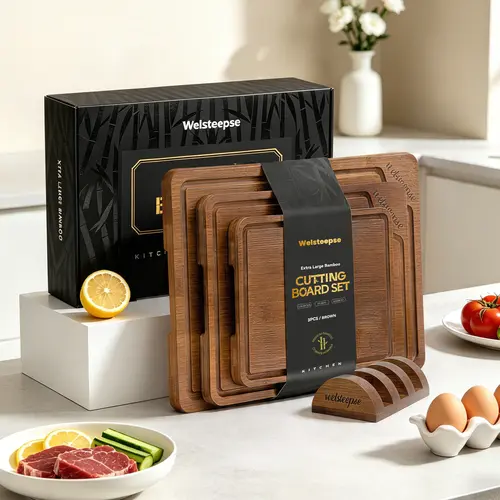 WELSTEEPSE 3-Piece Antibacterial Wood Chopping Board Set - Kitchenware, 0.8" Thick Stability, Oversized Blocks, Storage Stand, Deep Grooves, Non-Slip Rubber Feet, Large Handle Chopping Boards, Premium Gift Box (11"-18"), Weddings
