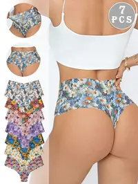 Women's High-Waisted Printed Underwear Set, 7-Pack Seamless High Elasticity Ice Silk Wave-Edge Design, Casual Scallop Trim Panties for All-Season Floral Print Panty