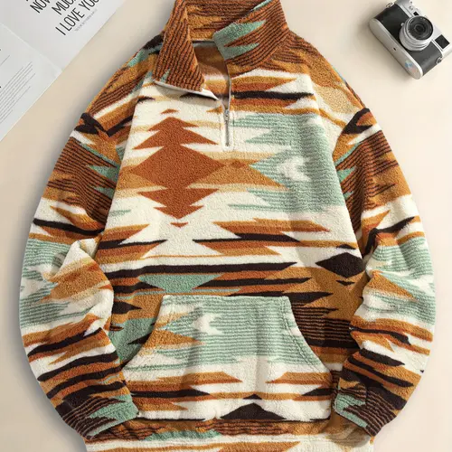 Men's Fleece Half-Zip Sweatshirt, Fall Winter Warm Casual Cultural Ethnic Long Sleeve Top, Comfortable Stylish Wear, Casual Cozy Sweatshirt