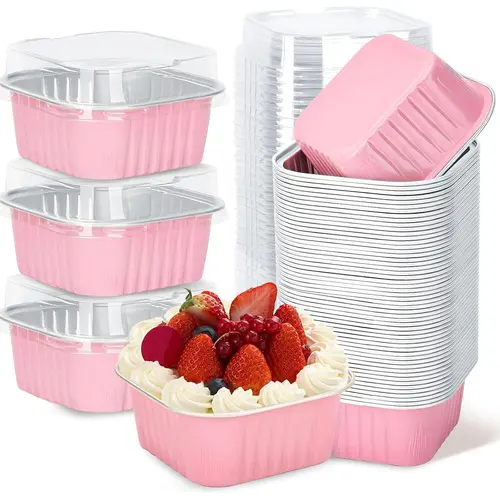 30-Pack 5oz Pink Mini Cake Aluminum Foil Bakeware Pans with Plastic Lids, Disposable Individual Dessert Containers, Baking Accessories for Sales Parties, Picnics