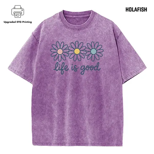 [Upgraded] Holafish Acid Wash Cotton T-Shirt with Daisy Print Drop Shoulder Design for Vintage Streetwear Unisex Baggy Hip Hop Style Acid Washed Graphic Tee Back to School Outfits, Shortsleeve, Casual, Festive