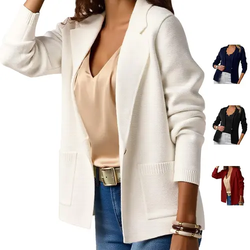 FISOEW Women's Casual Sweater Blazers Open Front Long Sleeve Work Office Suit Knit Jackets Blazer FallFreshness Slim Fit Soft Knit Fabrics with Pockets