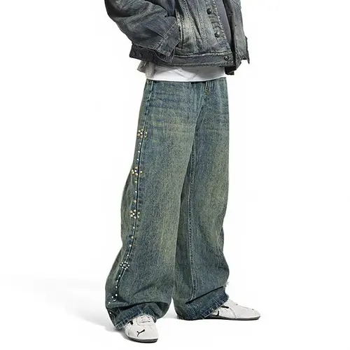 inflation Men's Retro Flared Denim Jeans - Vintage Beaded Cat Whisker Design Casual Streetwear Fitted Bottoms