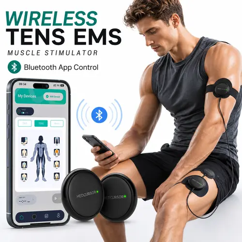 Medcursor Wireless Dual-Channel Muscle Stimulator, App-Controlled TENS Unit with Session Memory, 3 Modes, 25 Intensities, Pain Relief for Back/Arms/Shoulders/Legs, Portable with Storage Pouch