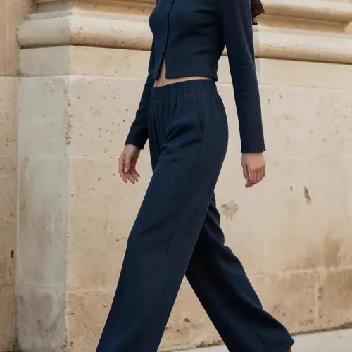 Two-piece Set Women's Solid Button Front Ribbed Knit Soft Crop Top & Elastic Waist Straight Pants, Casual Long Sleeve Round Neck Top & Trousers for Spring & Fall, Women's Clothes for Daily Wear Two Piece Sets Womenswear Lady Knitted Set