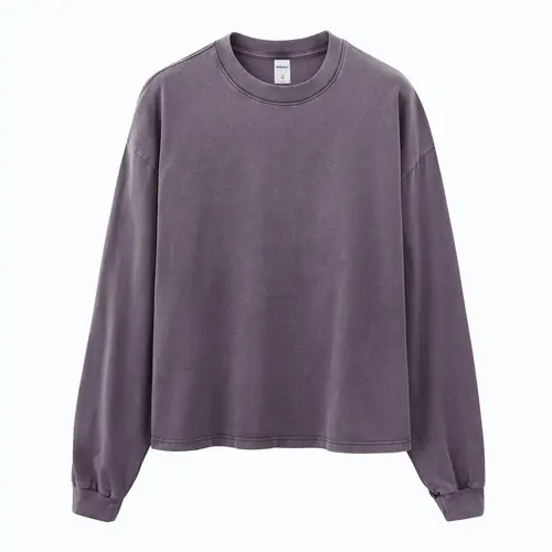 Inflation Men's 100% Cotton 270g Oversized Cropped Boxy Fit Washed Round Neck Long Sleeve T-Shirt - Beige Plain XL, Autumn Retro Streetwear Casual Menswear, Can Style & Crop Top Long-Sleeve Tops
