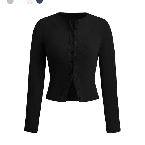 Women's Plain Basic Button Front Ribbed Tee, Casual Womenswear Long Sleeve Round Neck T-Shirt for Spring & Fall, Women's Top for Daily Wear, Casual Fashion Fitted Shirt, Casual Blouse, Casual Blouse Shirts
