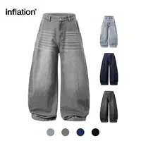 Inflation Men's Washed Baggy Cargo Jeans - Loose Wide-Leg Denim Pants, Pull-On Lightweight Beige Plain Pocket Streetwear, Casual Workwear for Spring-Summer Menswear Bottoms, Baggy Jeans, Streetwear Clothing
