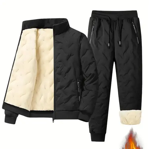 Men's 2-Piece Sherpa Fleece-Lined Thick Stand Collar Autumn Winter Athleisure Solid Tracksuit Set, Unisex Casual Sportswear for Outdoor Athletic Training & Workout