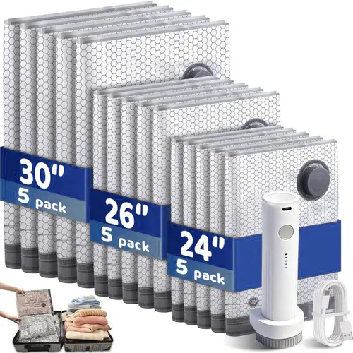 Cordless Vacuum Storage Bags 15pcs Full Set + Wireless Pump - Multifunction Large Storage Bags, USB Rechargeable, 140L/Min Fast Compression, Waterproof Reusable, Plastic Seal Machine for Travel Suitcases & Carry-Ons
