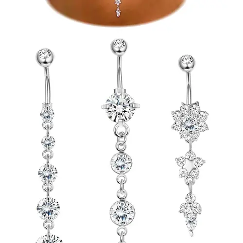 3-6Pcs 14G 316L Stainless Steel Belly Button Rings for Women Flower CZ Dangle Belly Button Rings Navel Piercing Jewelry Body Jewelry Pierce