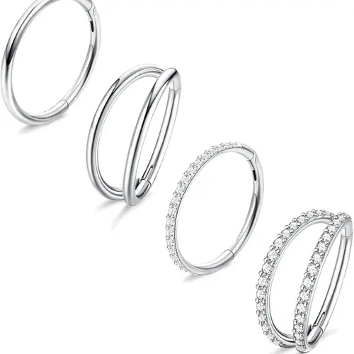 4PCS 18G Nose Rings Hoops, Surgical Steel Earrings Tragus Septum Piercing CZ Clicker Ring, Hinged Segment Conch Lip Cartilage Double Hoops 8mm 10mm For Women Men Nose Ring Jewelry