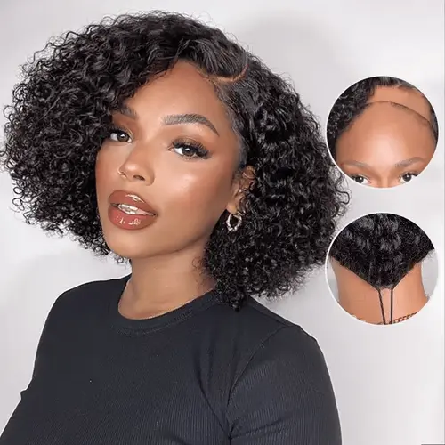 Ashimary Glueless Wigs Human Hair, 4x4 Lace Side Part Pre-Styled Short Cut Curly Knotless Wig