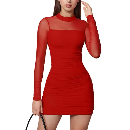 OYS Women's Sexy Long Sleeve Mock Neck Mesh Sheer Ruched Bodycon Mini Cocktail Party Club Dresses