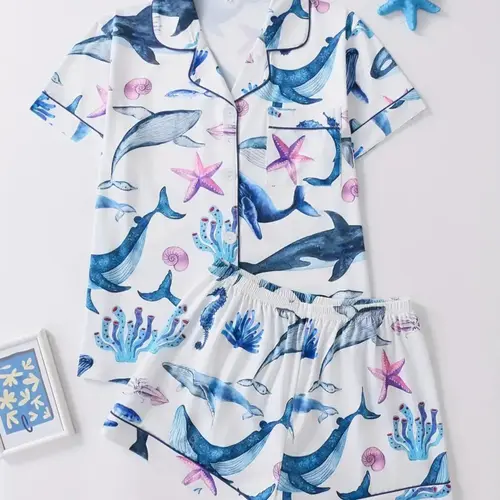 Women's Casual Sleepwear Set, Pajama Set, Pjs, Whale Pattern, Lapel Design, Front Button Short Sleeve, Comfortable Home Wear for Daily Use