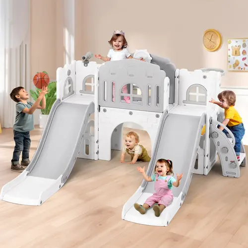 9 in 1 Toddler Slide Set with Double Slides Climber Basketball Hoop Tunnel Telescope Storage Non-Slip Steps Indoor Outdoor Playset for Toddlers Age 1-3+
